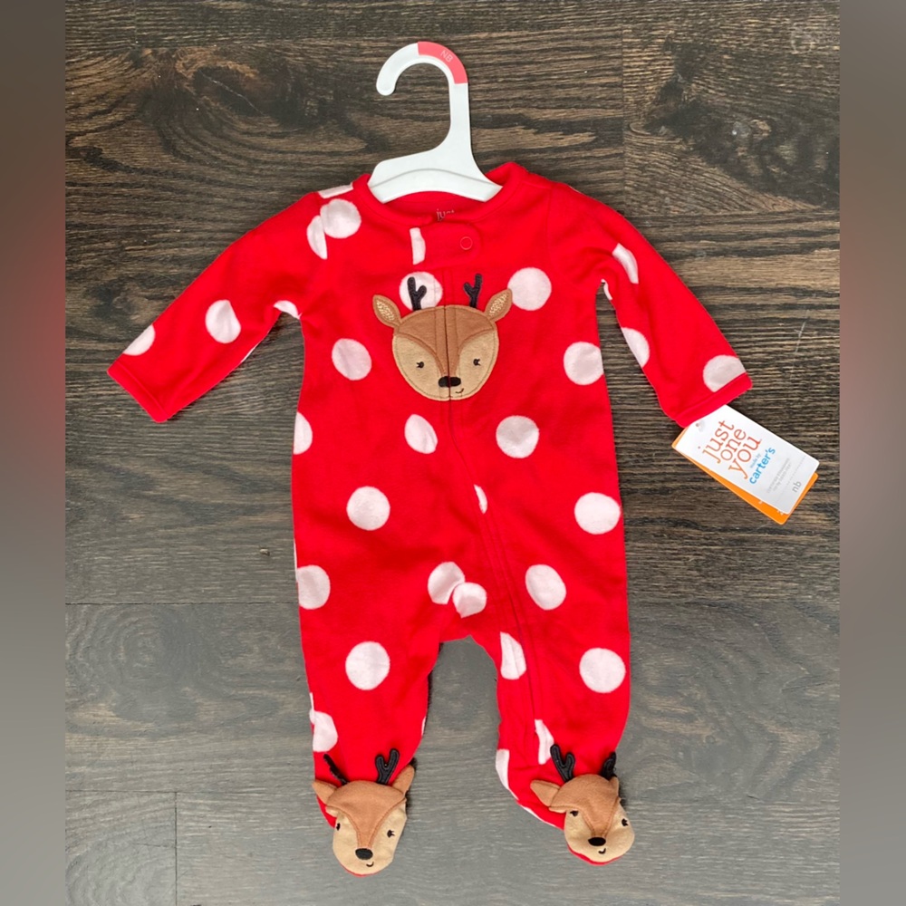 Carter’s Baby Red Christmas Reindeer Footed Onesie Newborn Size